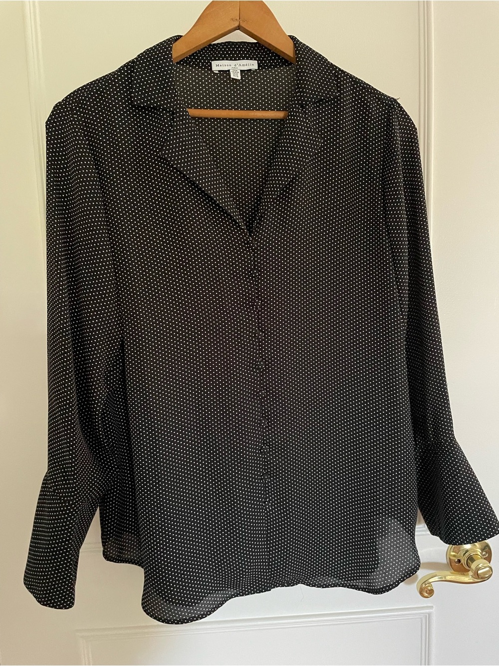 Maison d’ Amelie Black Polka Dot Button-Down Blouse, Size Medium